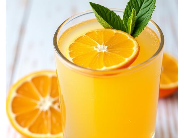 Jus buah oren cerah dengan hirisan buah